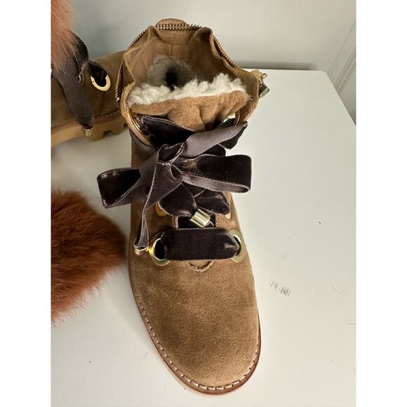 Rachel Zoe VAYL Kid Brown Suede Fur Cuffed Designer Hiking Boots Sz. 6.5 - Picture 9 of 14